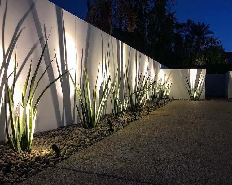 A series of up lights illuminate a white stucco landscaping wall. The positioning of the landscaping lights create shadows on the wall because they are shining on green spike plants.